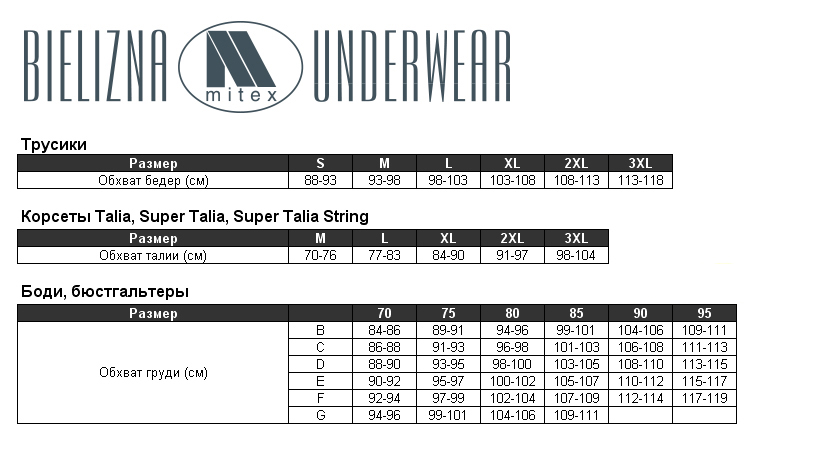 Таблица размеров Mitex