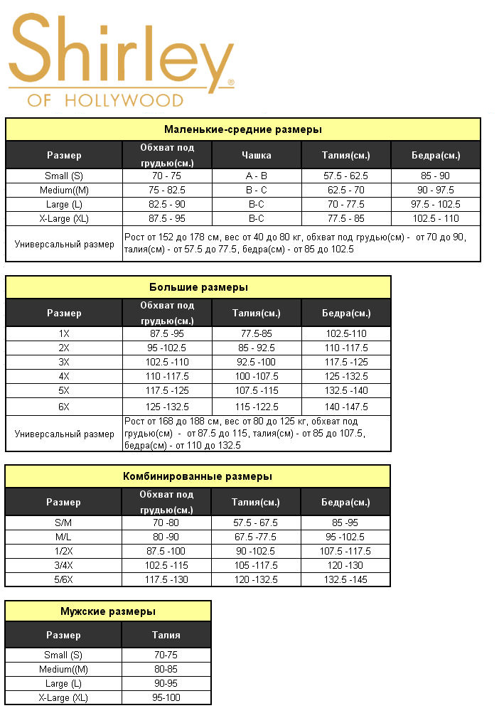 Таблица размеров Shirley